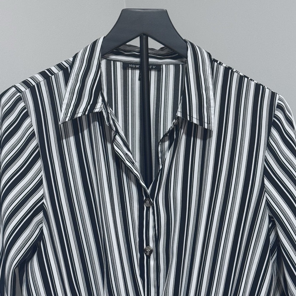 New Glory Women's Black  White Striped Long 3/4 Sleeve Blouse Dress Size Large - Picture 2 of 7